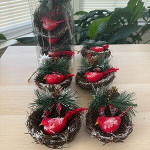 Cardinal Bird Nest Christmas Tree Ornaments Pinecones Plaid Bows 8 Total